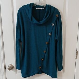 Elegant Teal Cowl Neck Sweater with Button Details